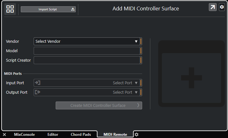 Finestra di dialogo Aggiungi una superficie di controllo MIDI