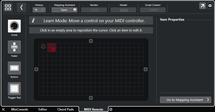 Editor delle superfici di controllo MIDI in Modalità apprendimento