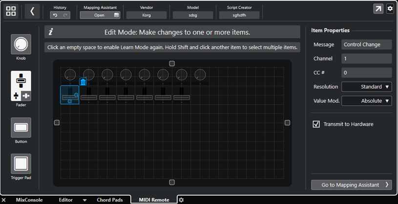 Editor delle superfici di controllo MIDI in Modalità modifica