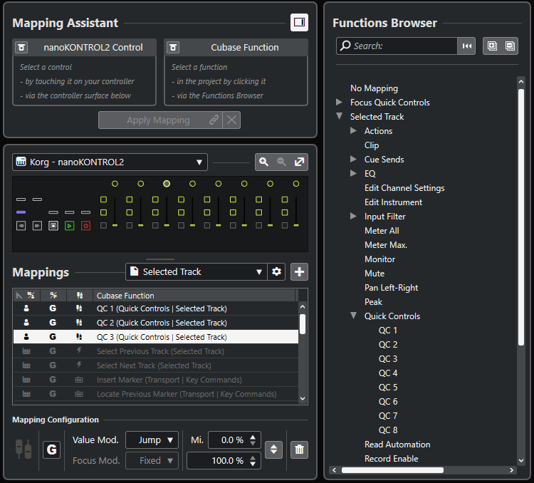 「マッピングアシスタント (Mapping Assistant)」セクション、「マッピング (Mappings)」セクション、「機能ブラウザー (Functions Browser)」セクションが表示された MIDI Remote マッピングアシスタント