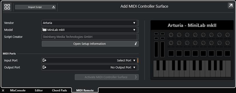 Diálogo Añadir superficie de controlador MIDI