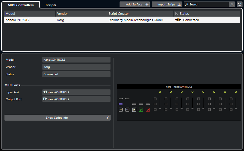 MIDI Controllers tab of the MIDI Remote Manager Window