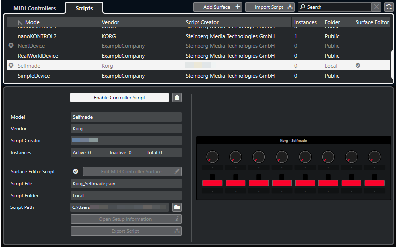 Skripte-Registerkarte des Fensters MIDI Remote-Manager