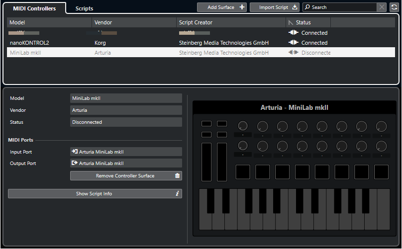 Una superficie di controllo scollegata nella scheda Controller MIDI del Gestore MIDI Remote