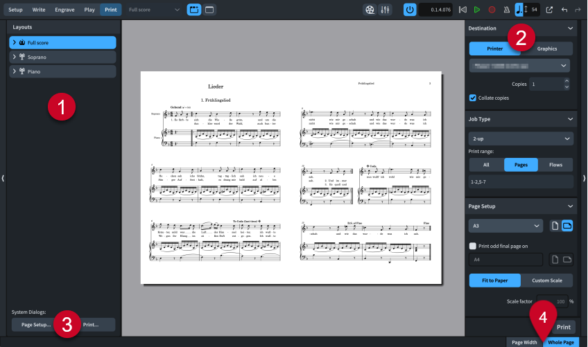 Bereiche und Optionen Drucken-Modus