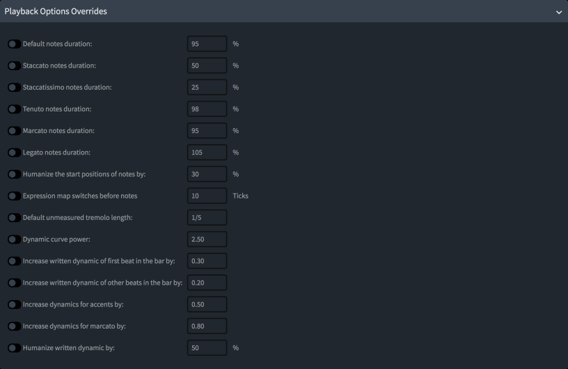 Boîte de dialogue Expression Maps, section Exceptions des options de lecture