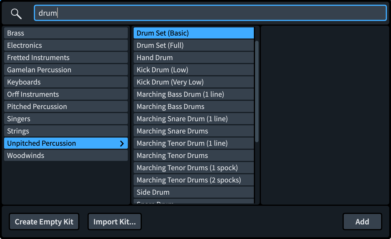 Instrument picker filtered by the search term "drum"