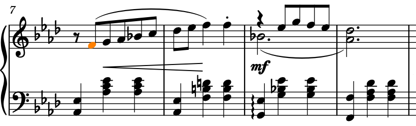 小節番号 7 で 8 分音符の F を選択したところ