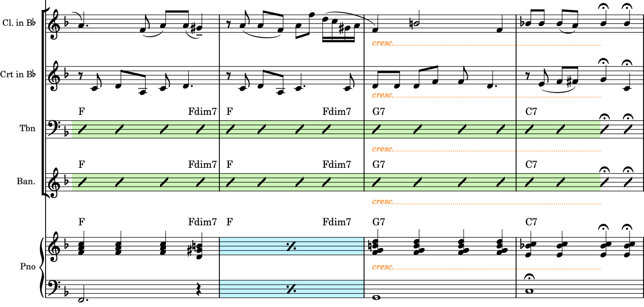 Crescendos in bar 15 (selected) appearing as cresc. text in the full score layout