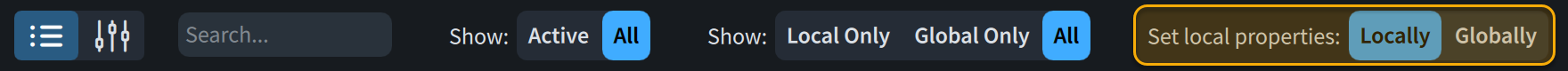 Properties panel toolbar, with Set local properties highlighted