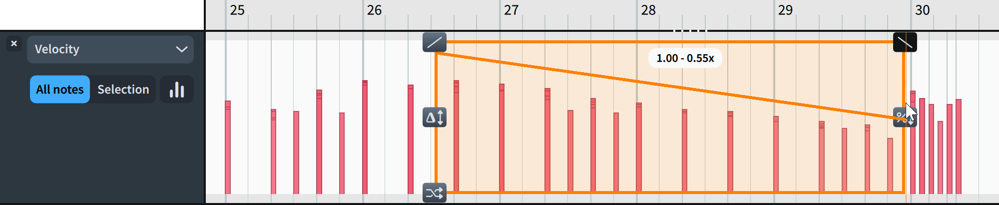 Dragging a right ramp tilt downwards in the Transform selection