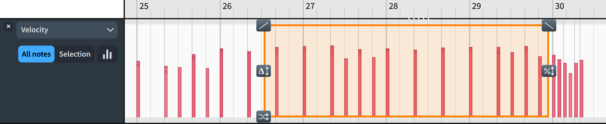 Drawing a Transform selection across note velocities in bars 26-29
