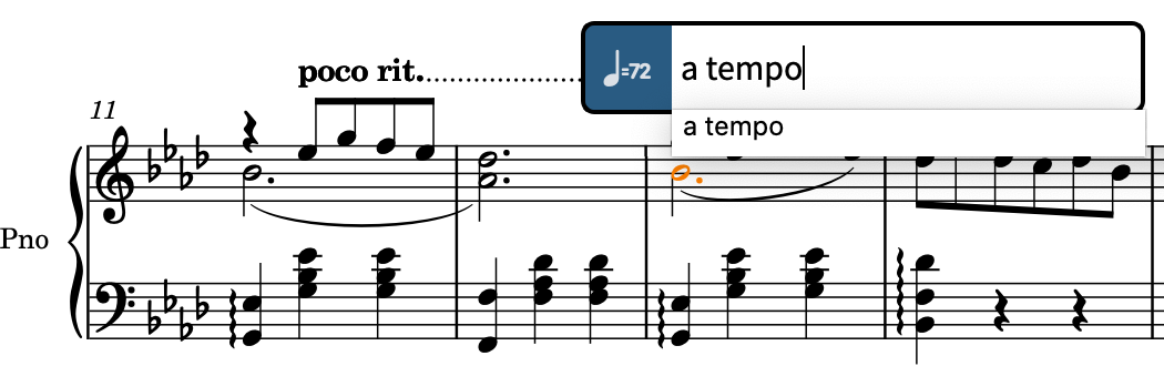 Tempo popover above the top staff with the entry for "a tempo"