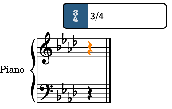 Time signatures popover above the staff with the entry for 3/4