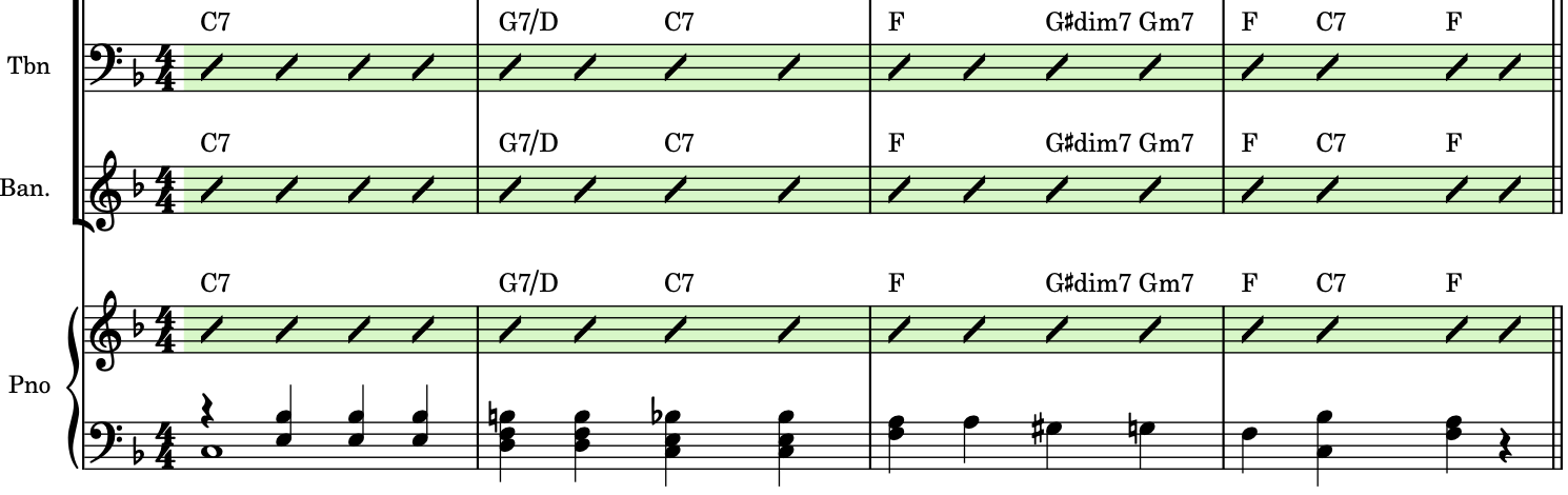 Akkordsymbole wurden in der Region mit Strichnotation in der Posaunen-Notenzeile angezeigt