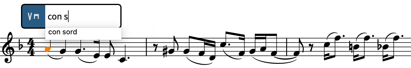 譜表の上の演奏技法のポップオーバーに「con sord」と入力しはじめたところ