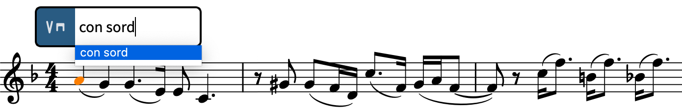 演奏技法のポップオーバーメニューで「con sord」を選択したところ