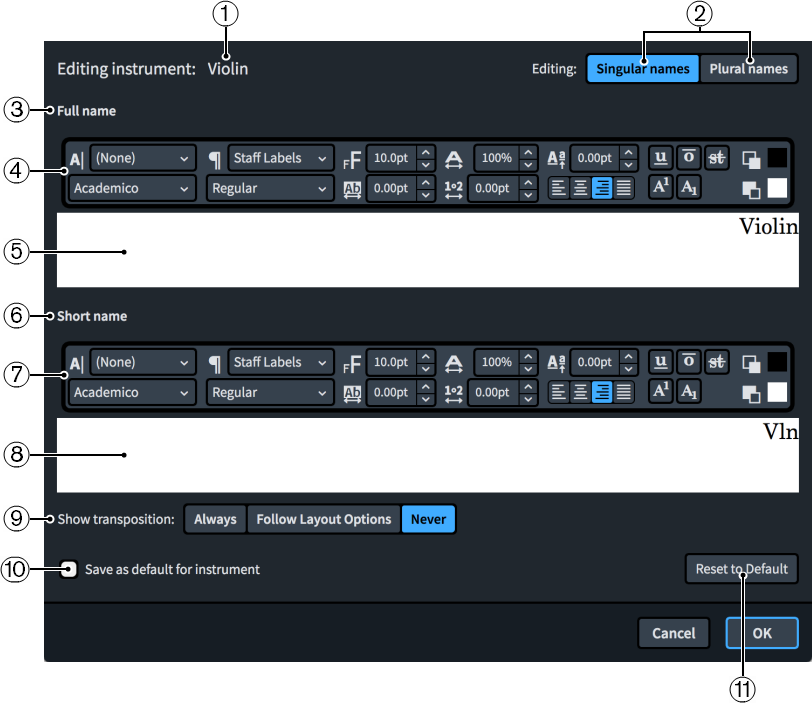 Edit Instrument Names dialog