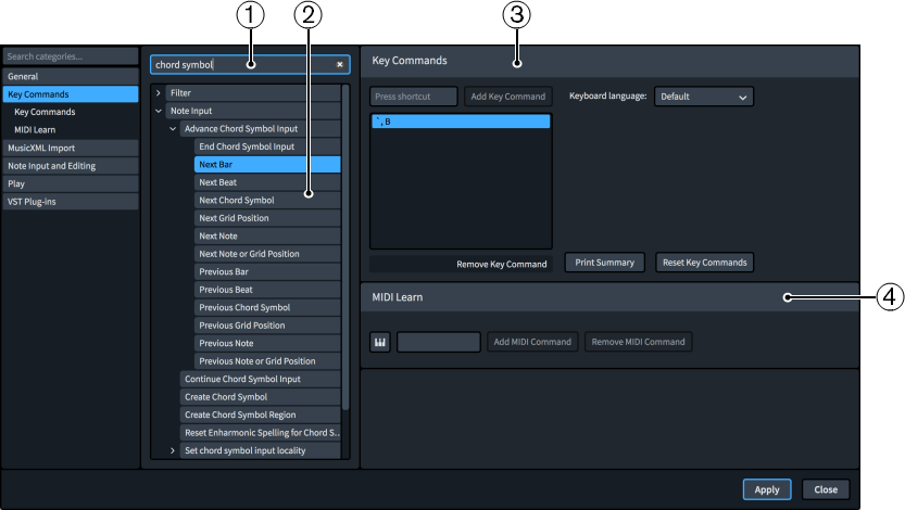 Key Commands page in Preferences