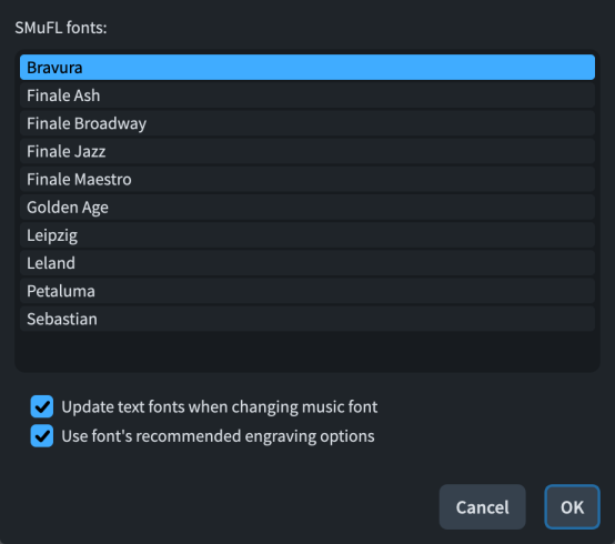 Music Fonts dialog