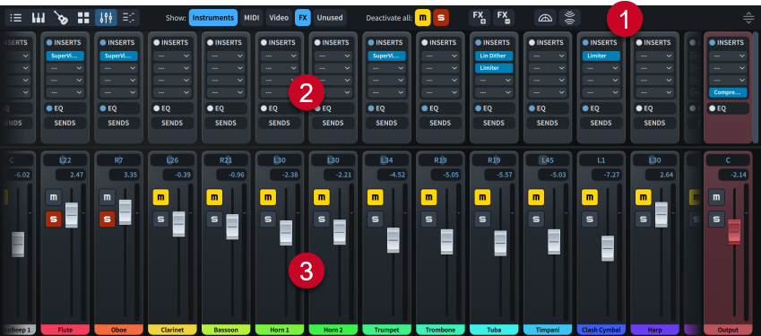 Mixer panel for a mixed ensemble, with elements labelled
