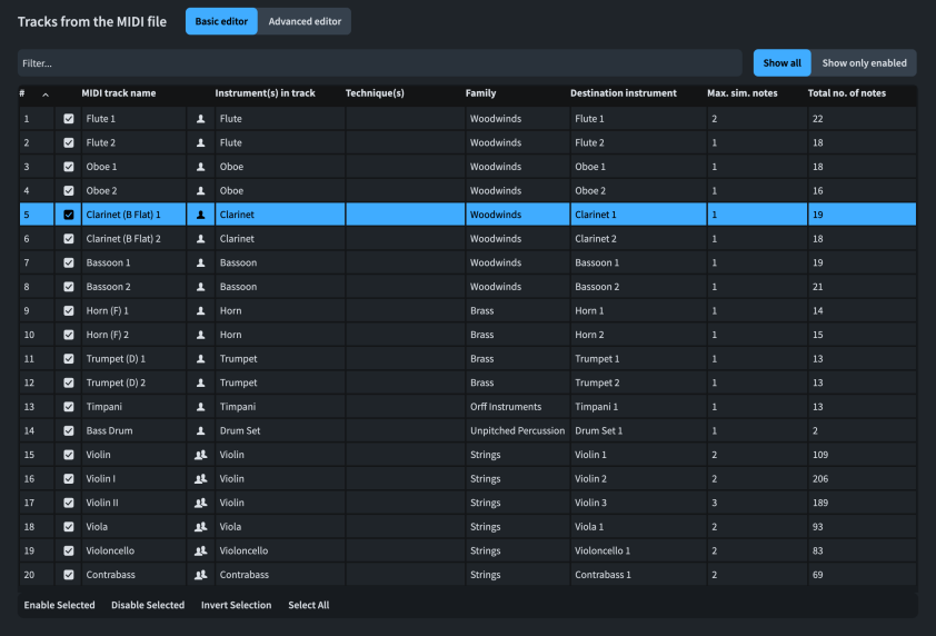 MIDI Import Options dialog, Basic editor in the Tracks from the MIDI file section