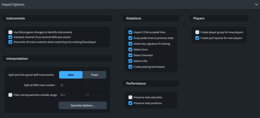 MIDI Import Options dialog, Import Options section