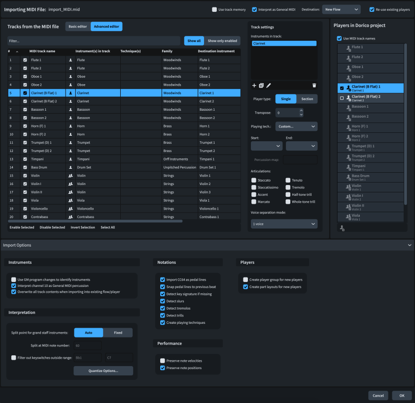 MIDI Import Options dialog