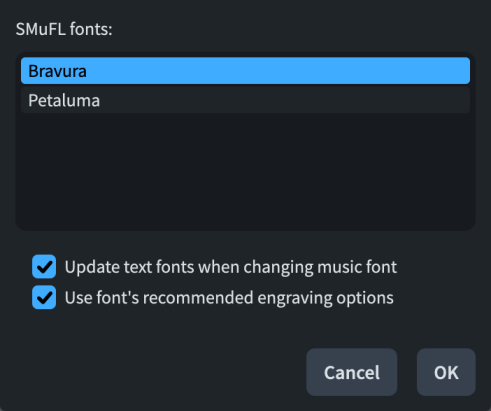 Music Fonts dialog