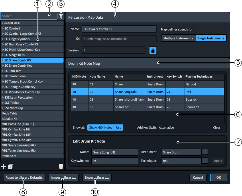 Percussion Maps dialog