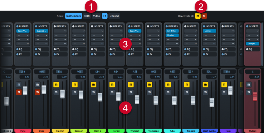 Différents éléments de la fenêtre Console de mixage