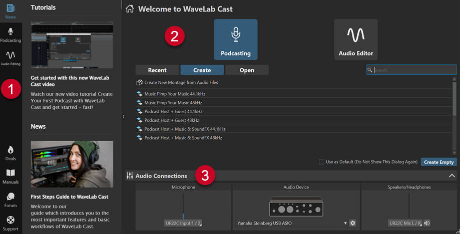 Ventana Asistente de inicio de WaveLab Cast