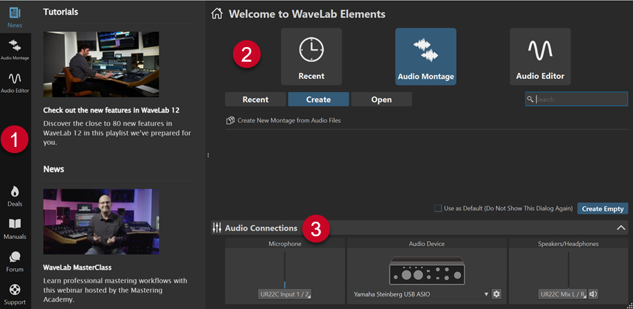 Start-Assistent-Fenster für WaveLab Elements