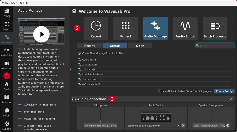 Start-Assistent-Fenster für WaveLab Pro