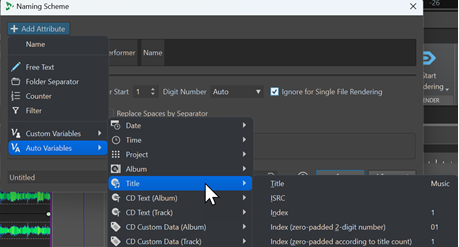 「命名規則 (Naming Scheme)」ダイアログの「タイトル (Title)」要素のメニューオプション